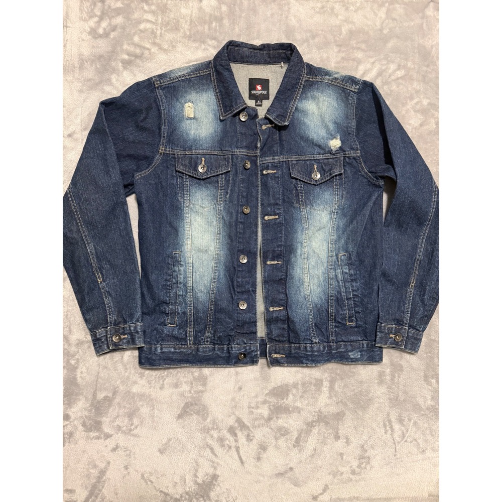 Southpole Denim Jacket Men Large Blue Distressed Trucker Jean Coat